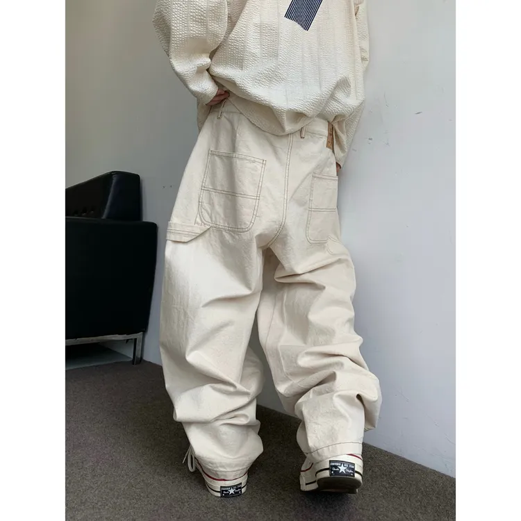 dannyandzee秋季街头百搭胚布做旧米白色复古弯刀工装长裤男773