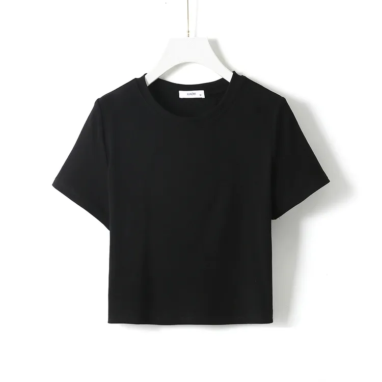 小宜原初 【短款】圆领短袖T恤女春夏修身弹力黑色简约百搭纯色上衣