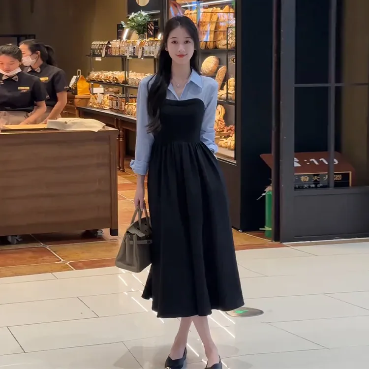 2025新款女装假两件衬衫黑色连衣裙子女春秋季法式高级感气质长裙