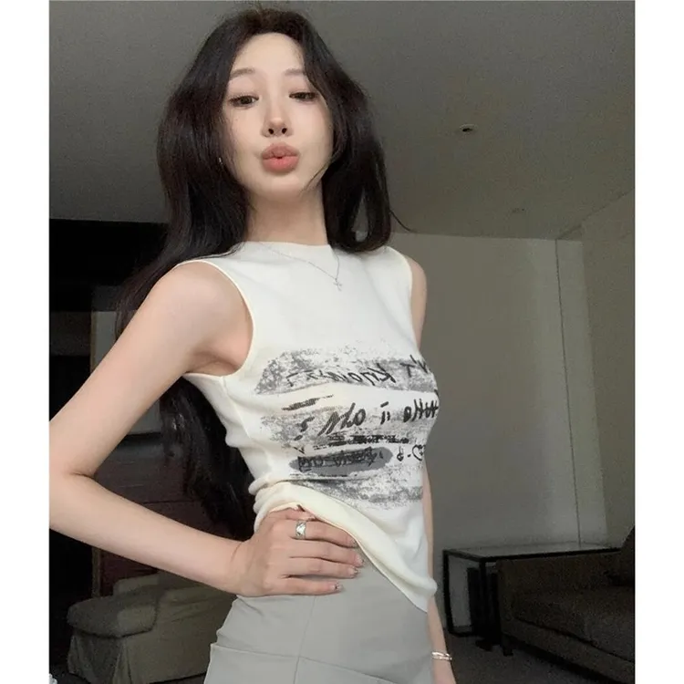美式潮流印花无袖背心女休闲夏季T恤修身显瘦上衣女百搭针织衫