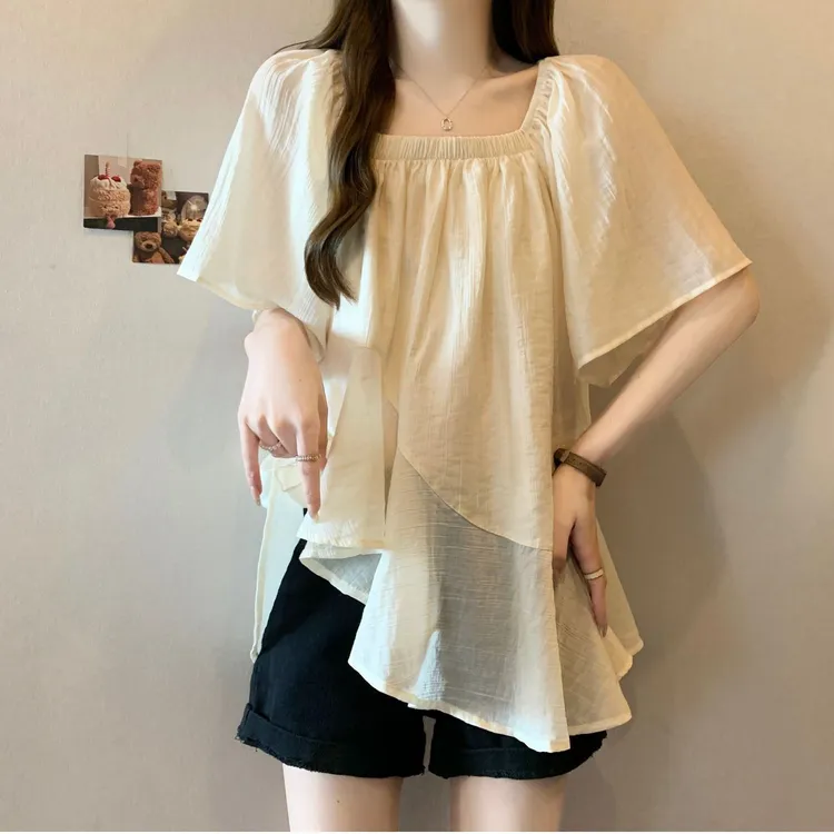 法式不规则超仙短袖雪纺衫女夏大码胖显瘦遮肚子娃娃衫流行上衣