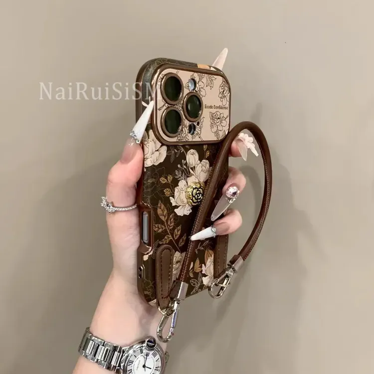 复古棕油画花朵适用苹果16promax大视窗手机壳新款挂链手提15/14 