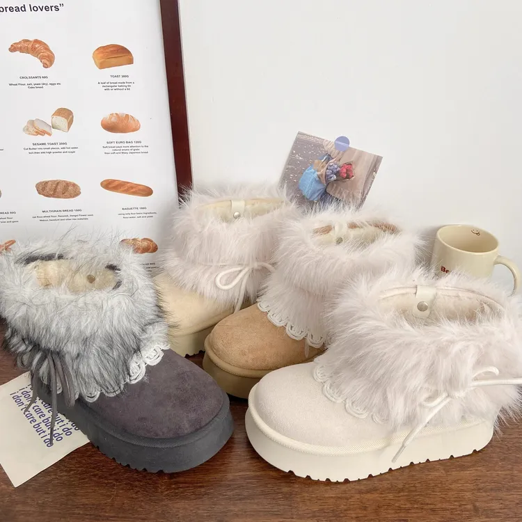 【万达撤柜】毛绒雪地靴女2025新款冬季厚底加绒短靴保暖棉鞋毛毛靴