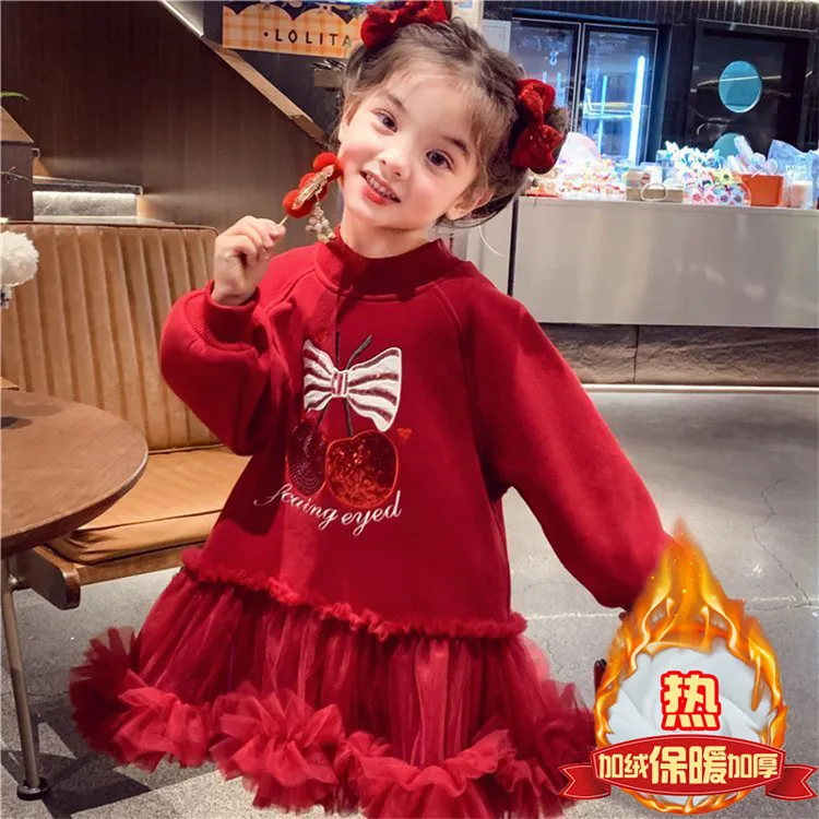 女童冬装加绒连衣裙2026新款洋气儿童衣服秋冬款红色网纱公主裙潮