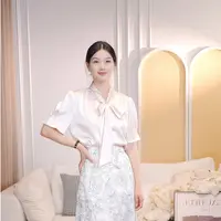 衬衫短款V领衬衣日常通勤法式短袖设计女装蝴蝶结香槟色JL250325