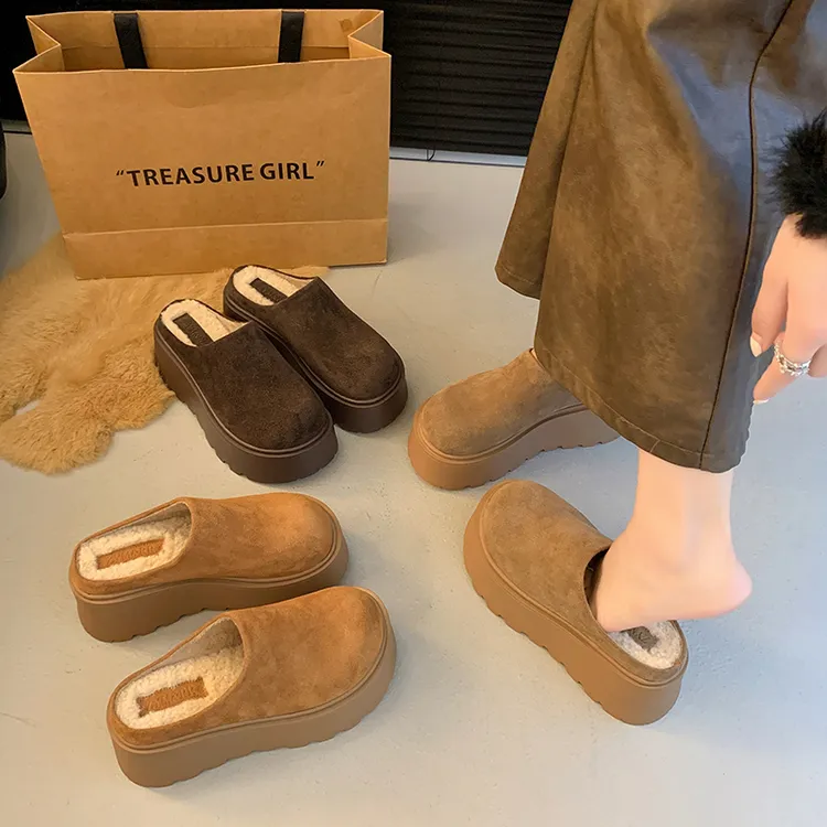 松糕厚底增高勃肯鞋女加绒包头半拖鞋外穿2025新款秋冬毛毛棉拖鞋