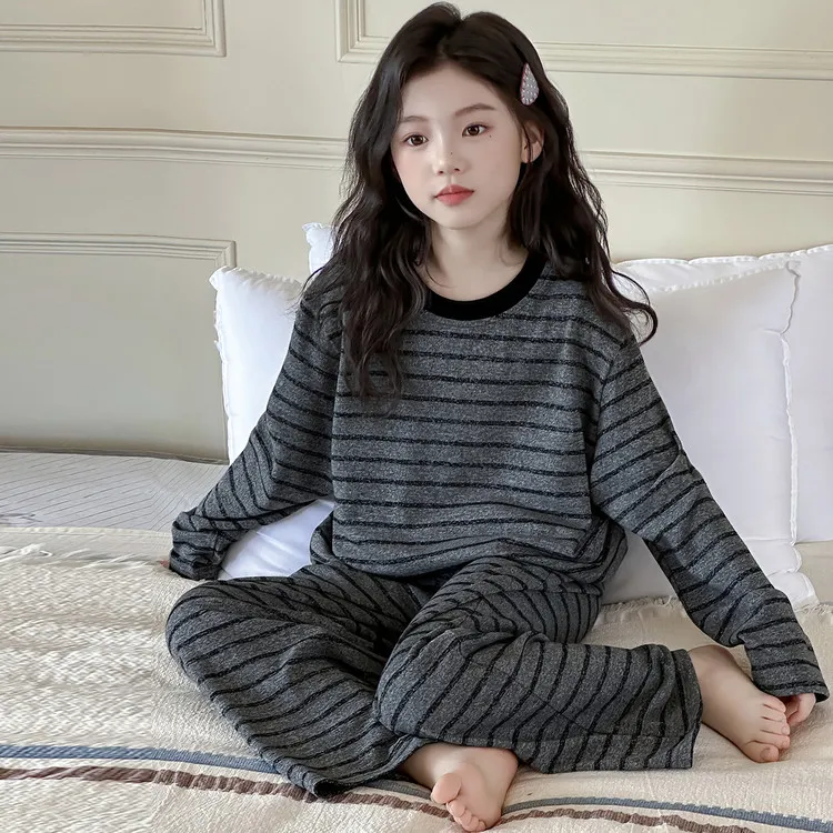 女童睡衣春秋2025新款儿童舒适家居服初中生女孩条纹简约长袖套装