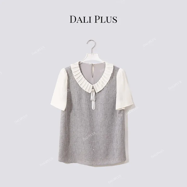 DALI PLUS“假两件”重磅桑蚕丝压褶领 灰白蝴蝶结衬衫-D5ST1280