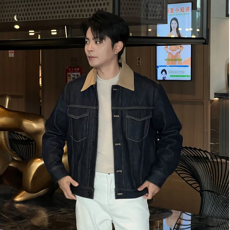 Run Solara lp撞色老钱复古翻领牛仔外套 内里法兰绒休闲外套4377