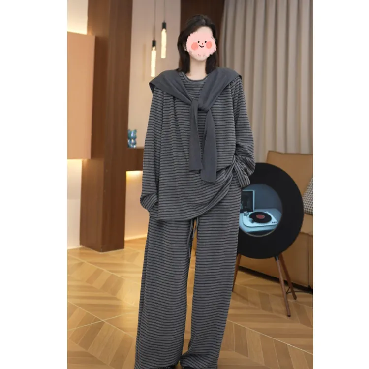 早秋新款休闲条纹套装慵懒风设计感上衣裤子加披肩三件套spk-B904