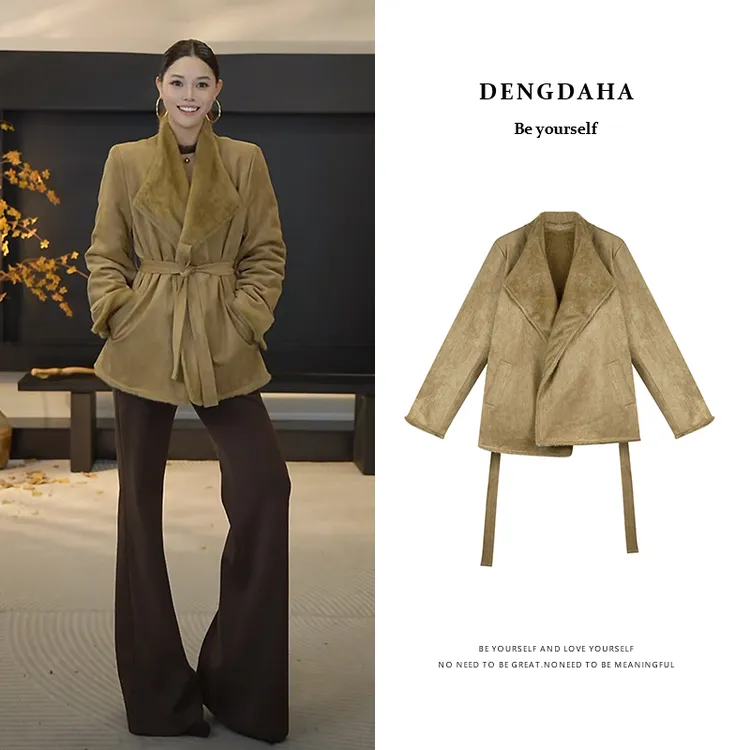 DENGDAHA「山山而川」复古气质翻领毛毛设计修身腰带显瘦外套 A808