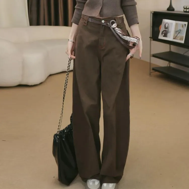 2025秋季新款高腰女设计感宽松裤子显瘦韩版美式休闲弯刀裤牛仔裤
