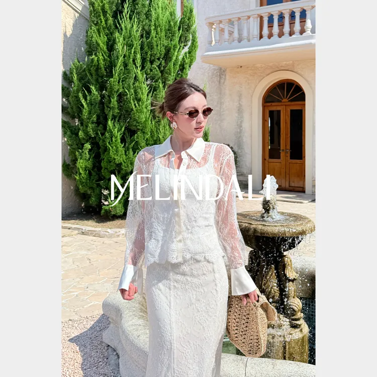 Melinda Li【维纳斯】优雅职场透明蕾丝绣亮片丝缎衬衫半身裙套装