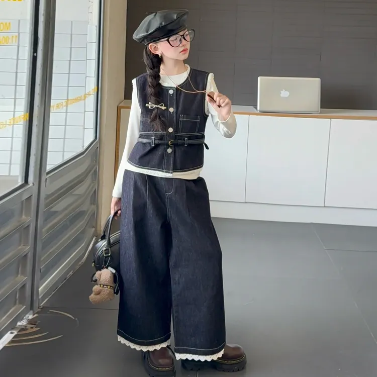 女童秋装套装2025新款儿童春秋季牛仔马甲三件套中大童女孩阔腿裤