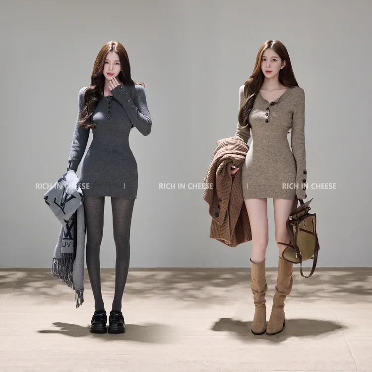 舒胡蕾 乌木沉香 秋冬御姐风V领时尚百搭收腰包臀针织收腰连衣裙