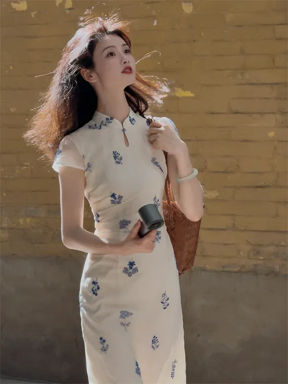 达人专属南溯集【珈蓝】新中式日常高腰小个子旗袍白色刺绣连衣裙