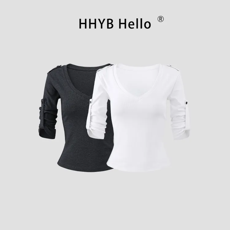 HHYB Hello小众设计感卷轴v领七分袖T恤正肩修身上衣女250807