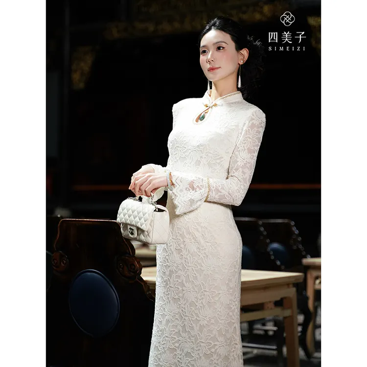 四美子【白玉娇】新款新中式白色弹力磨毛蕾丝喇叭袖旗袍裙连衣裙