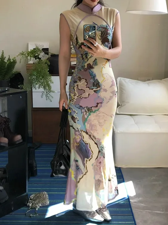 罗曼词新中式手绘印花旗袍连衣裙女夏季设计网纱背心长裙