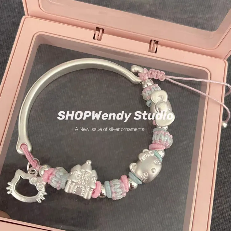 SHOPWendy|足银999手镯可爱卡通kitty手链城堡蝴蝶结编手环