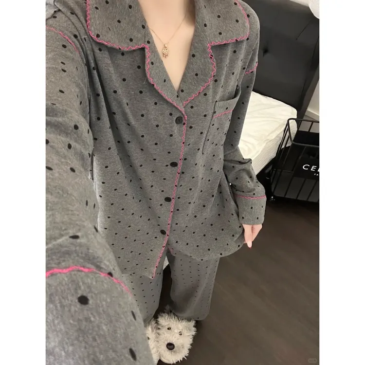 【DMXJ大梦想家】韩系甜美简约波点睡衣女春秋新款舒适居家服两件套
