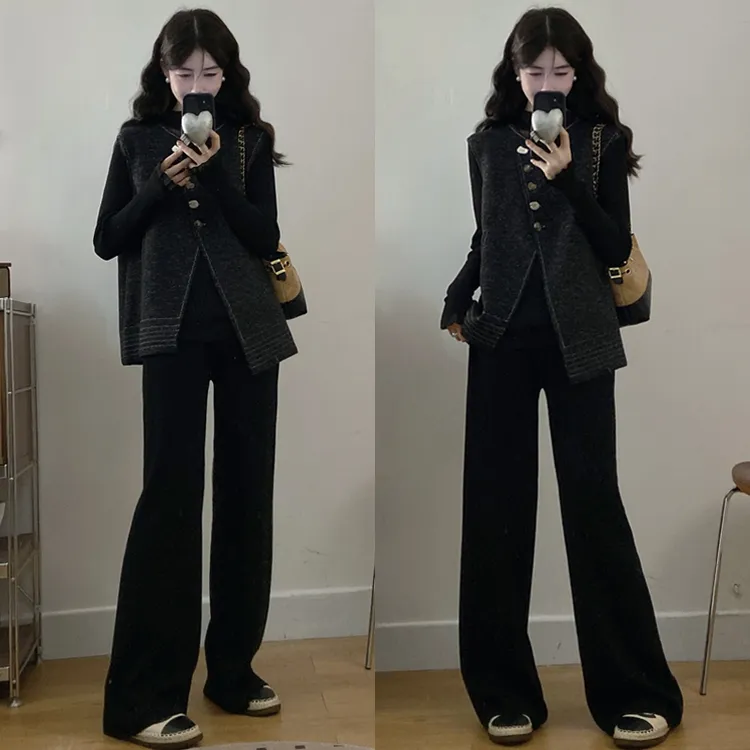 大码胖mm女装秋冬新款打底衫+不规则针织马甲+阔腿裤三件套装女