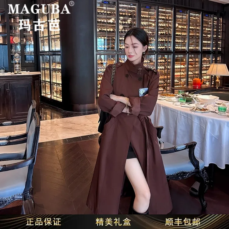 玛古芭女装安可拉红立领宽松百搭风衣女时尚高级修身显瘦气质大衣