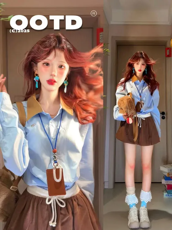 2025早秋新款韩系穿搭高级感POLO领蓝色衬衫搭配咖色短裤两件套女