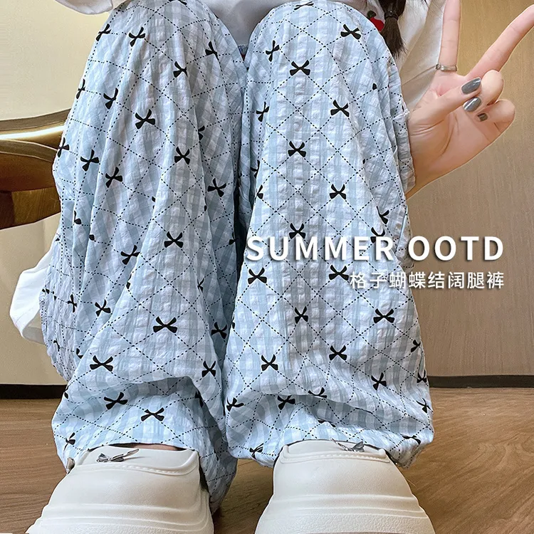 蝴蝶结印花阔腿裤女夏季高腰显瘦休闲拖地长裤窄版直筒遛弯格子裤