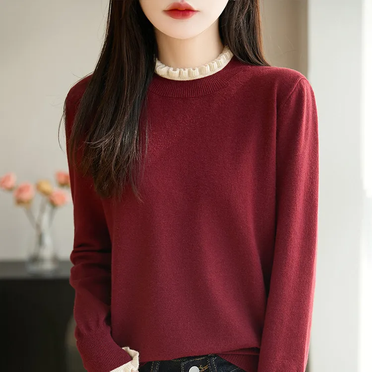 【现货宠粉】新款长袖针织衫女木耳领撞色套头显瘦法式毛衣轻奢打底