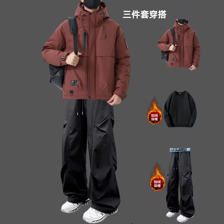 男士棉衣外套冬季加厚保暖连帽工装夹克男装高级感痞帅穿搭三件套