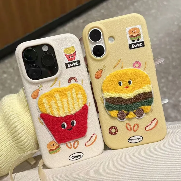 奥菲顿刺绣毛绒汉堡薯条适用苹果16皮纹手机壳小米17vivo华为oppo