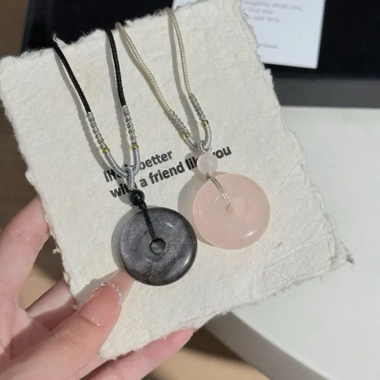 天然粉水晶银耀石平安扣一对情侣送男友送女友情人节七夕礼物她屿