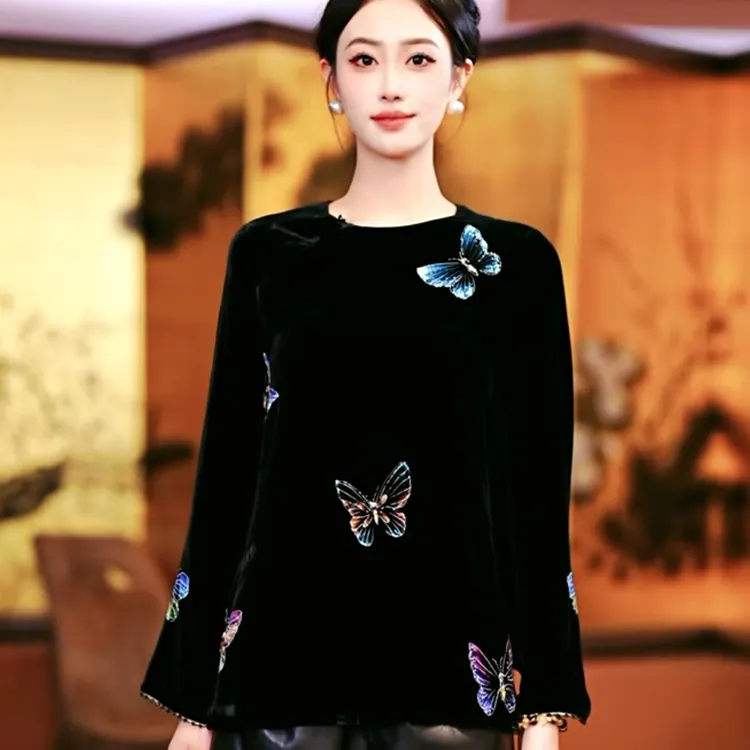 复古日记“蝶语”立体彩绘蝴蝶精致袖口钉珠真丝丝绒上衣25GC620