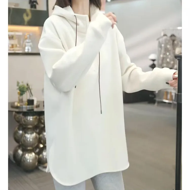 秋冬新款中长款连帽卫衣加绒保暖百搭帽衫上衣LK2500661