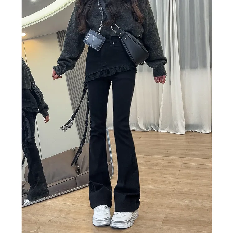 269法式蕾丝花边微喇叭牛仔裤女早秋款假两件高腰弹力显瘦拖地裤