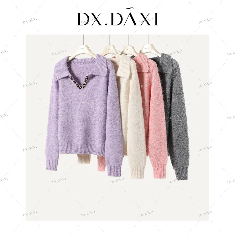 DX.DAXI【暮光融雪】气质v领针织套头毛衣女小香风百搭针织衫