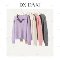 DX.DAXI【暮光融雪】气质v领针织套头毛衣女小香风百搭针织衫