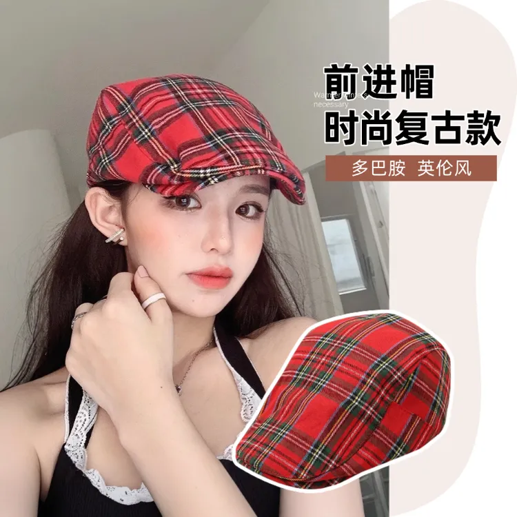 多巴胺复古格纹前进帽女春秋款大头围反戴贝雷帽显脸小报童帽子潮