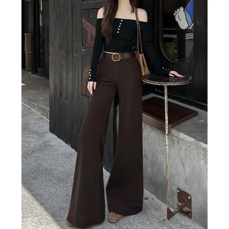 咖色不贴腿微喇牛仔裤女2025秋季新款小个子高腰宽松直筒拖地裤
