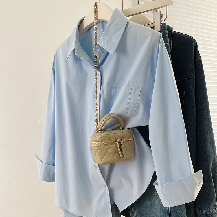蓝色长袖衬衫女2025春夏装新款上衣蓝色宽松衬衣外套通勤穿搭开衫