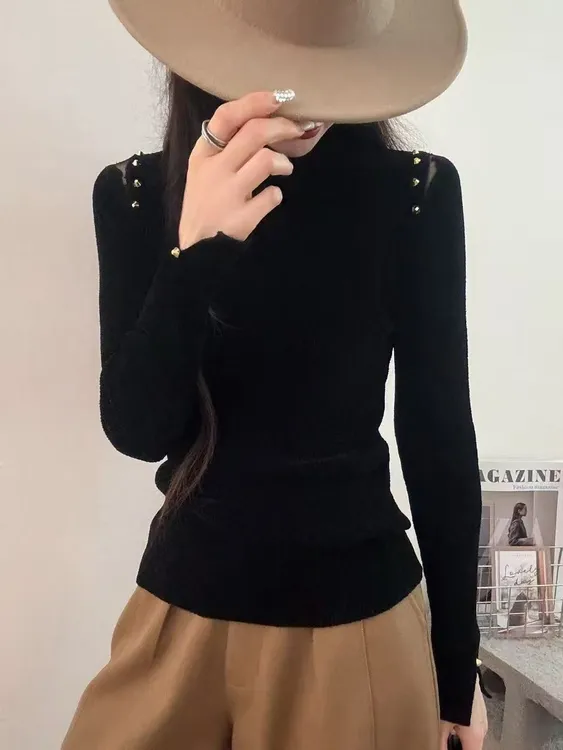 2025天鹅绒黑色针织韩版加厚针织打底衫上衣堆堆领毛针织衫