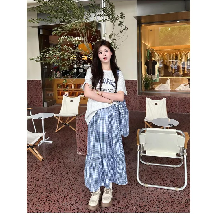 夏季显瘦休闲风法式时尚套装格子复古短袖时尚气质百搭长裙+T恤