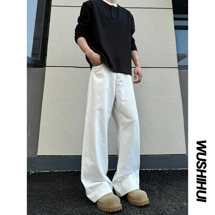 A字版型高盎司三色水洗黑白牛仔裤男百搭宽松休闲通勤百搭直筒裤