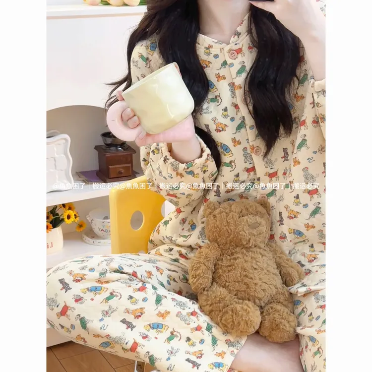 【狗狗世界】秋冬加厚ins风卡通可爱少女睡衣套装长袖长裤家居服