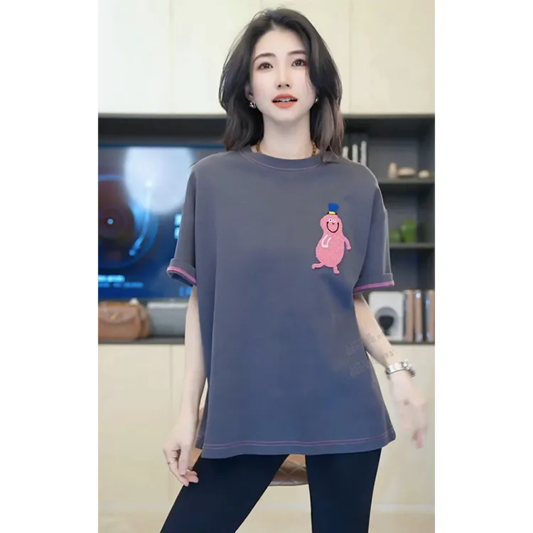 小乖逃D丝光棉款白色灰色休闲圆领夏女款百搭牙刷绣花动漫6034