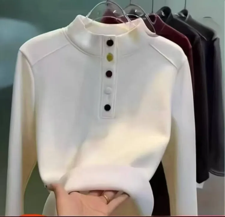 11980*休闲风单排扣加绒长袖立领T恤百搭时尚秋冬纯色