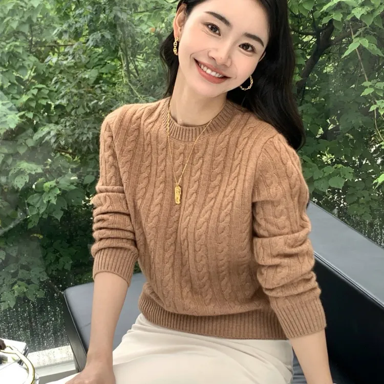 圆领加厚纯色山羊绒衫女宽松套头毛衣麻花上衣针织羊毛打底衫2472