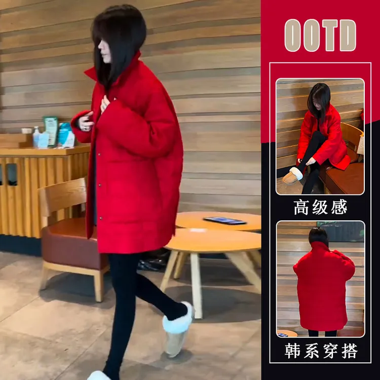 冬季新款高级感红色新款轻薄保暖棉服女中长款潮流百搭洋气外套潮