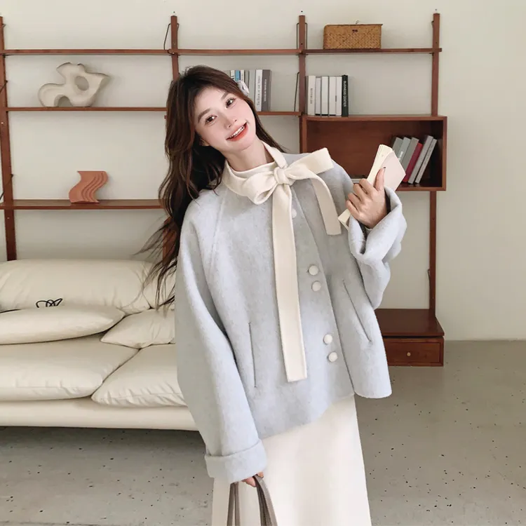 韩系甜美ins风毛呢外套2025冬季新款百搭蝴蝶结系带短款羊绒大衣